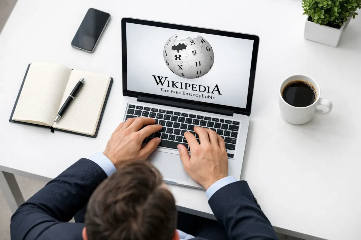 Professional creating Wikipedia page on laptop following step-by-step guidelines