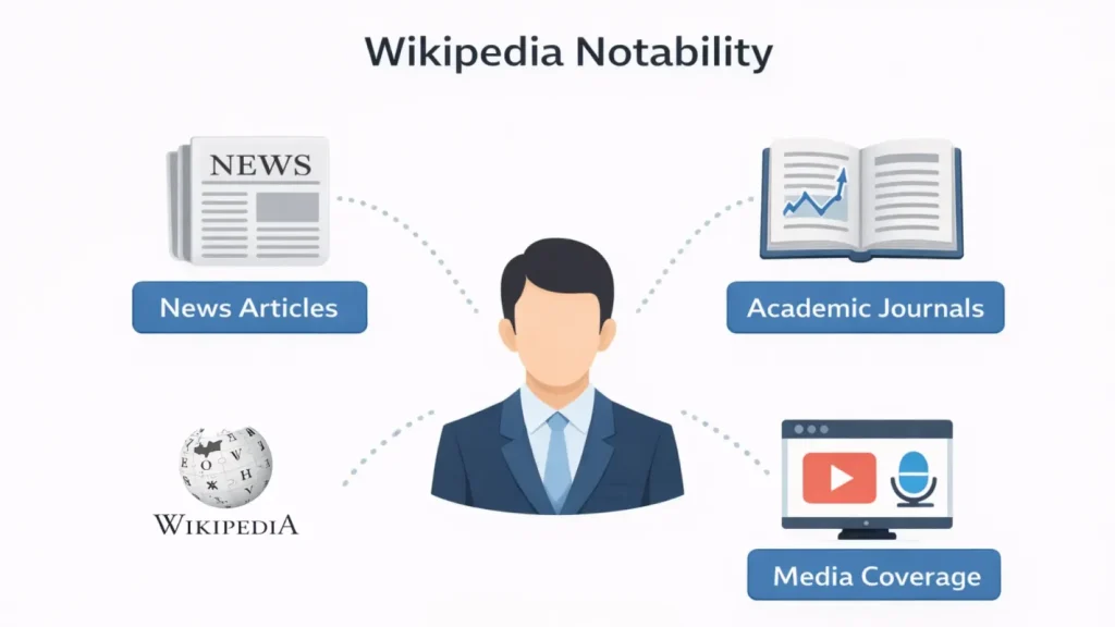 Wikipedia notability requirements illustrated with reliable source icons and media coverage symbols