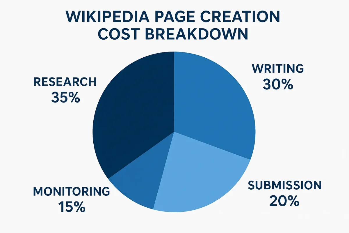 Detailed cost breakdown showing research, writing, submission, and monitoring expenses for Wikipedia page creation