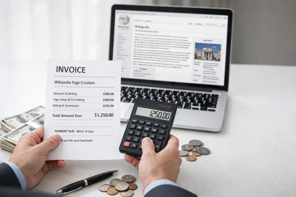 Calculator and invoice showing Wikipedia page creation costs and pricing breakdown