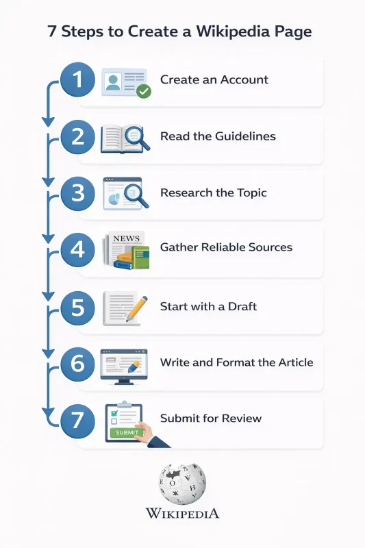 Seven-step process flowchart for creating a Wikipedia page from research to publication