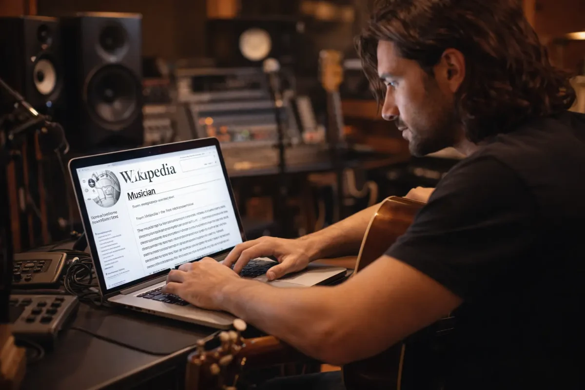 Musician reviewing Wikipedia page eligibility requirements in professional recording studio