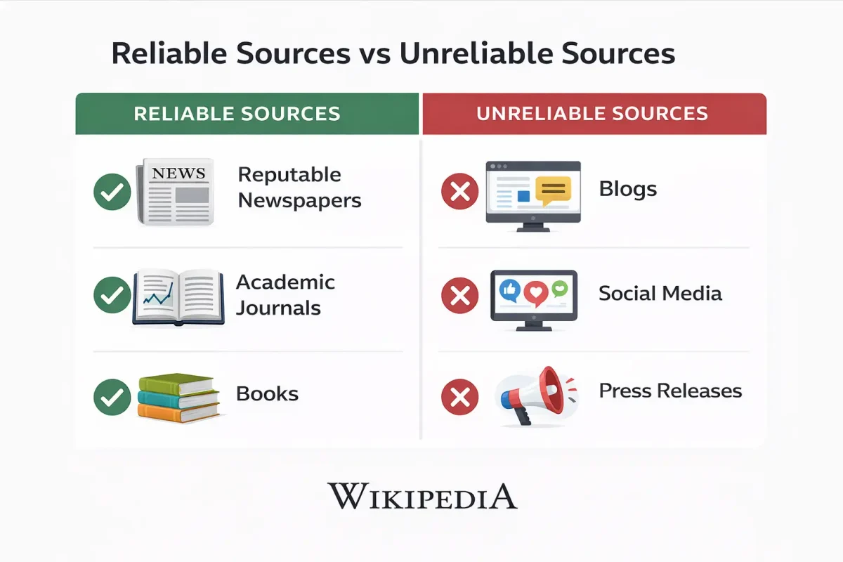 Comparison chart showing Wikipedia approved reliable sources versus rejected unreliable sources